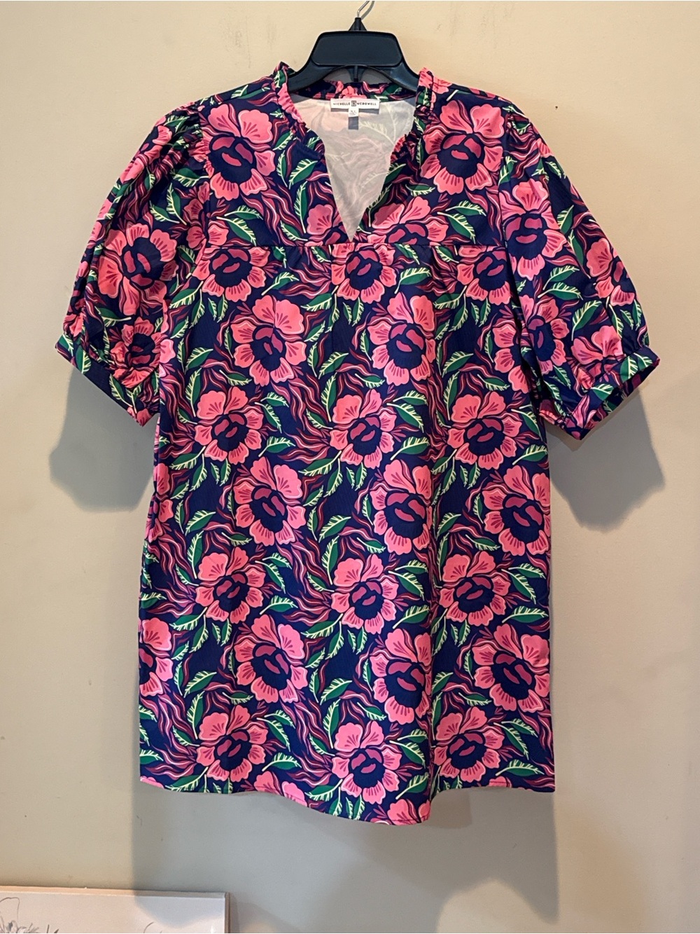 Floral V-Neck Puff-Sleeve Tunic Dress in Pink